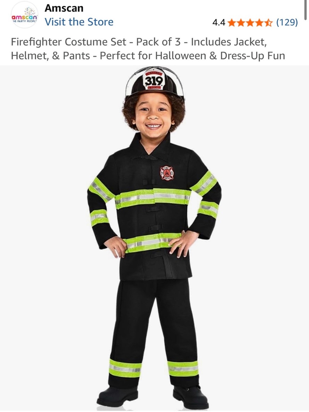 Amscan NWT Kids Firefighter Halloween Costume Size: Toddler 3-4 #Halloween-4